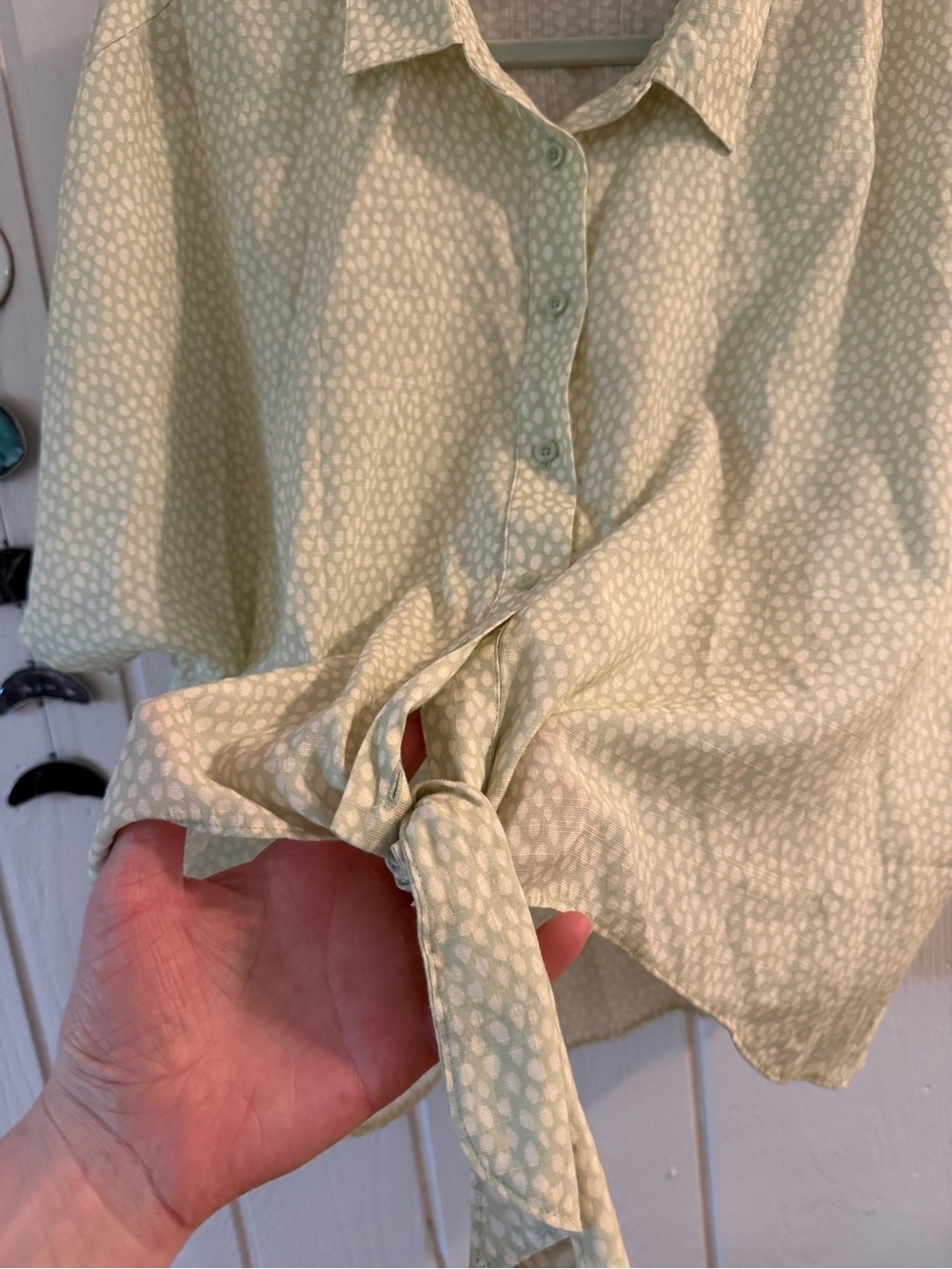 Nine West Pale Green Polka Dot Tie-Front Button Down Shirt - Picture 4 of 6